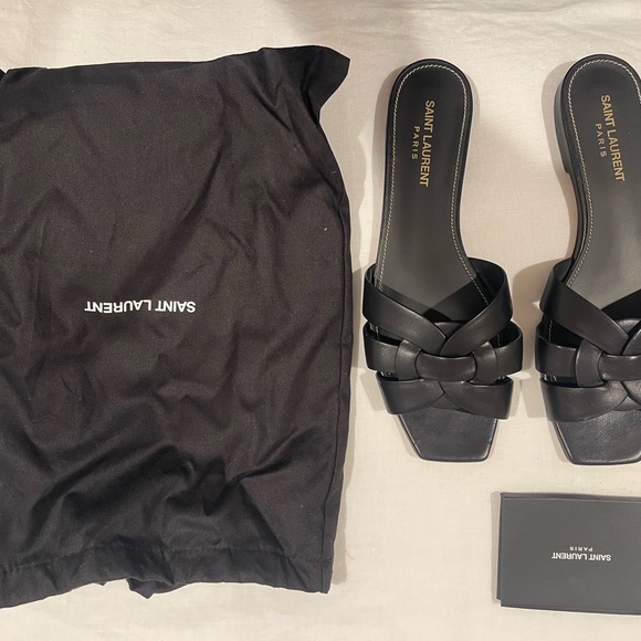 Yves Saint Laurent Black Leather Sandals with Woven Strap - Picture 2 of 6